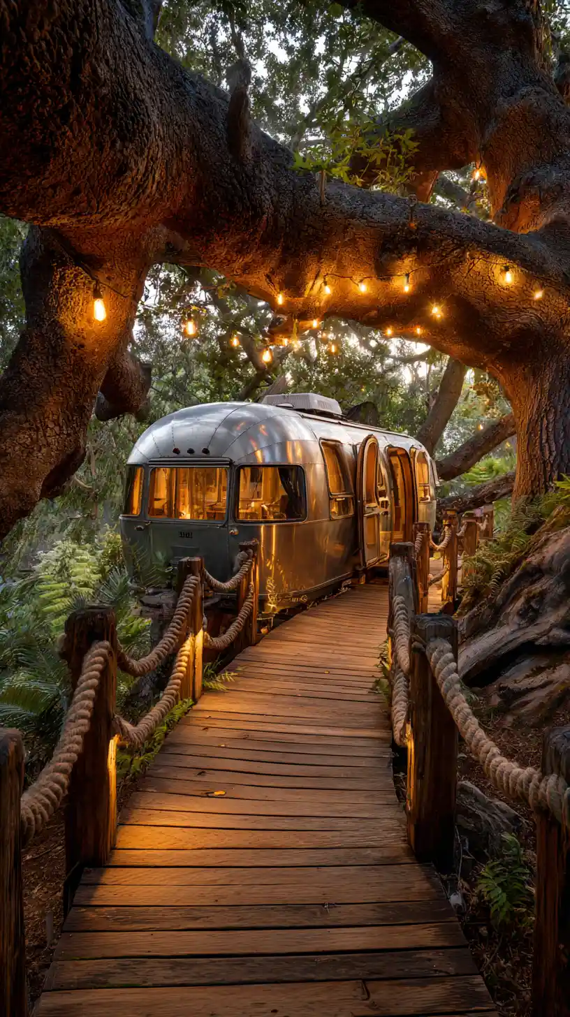 Vintage airstream treehouse in an ancient oak at sunset