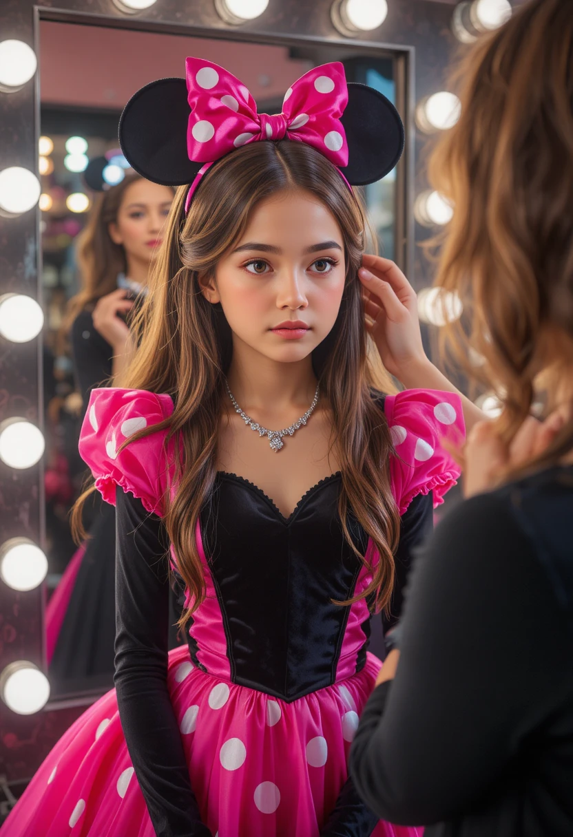 Garçon anxieux en robe Minnie rose devant le miroir de maquillage