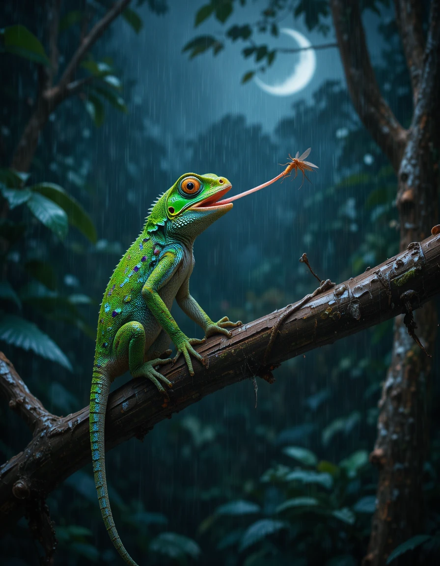 Green lizard catching mosquito in rainy moonlit rainforest