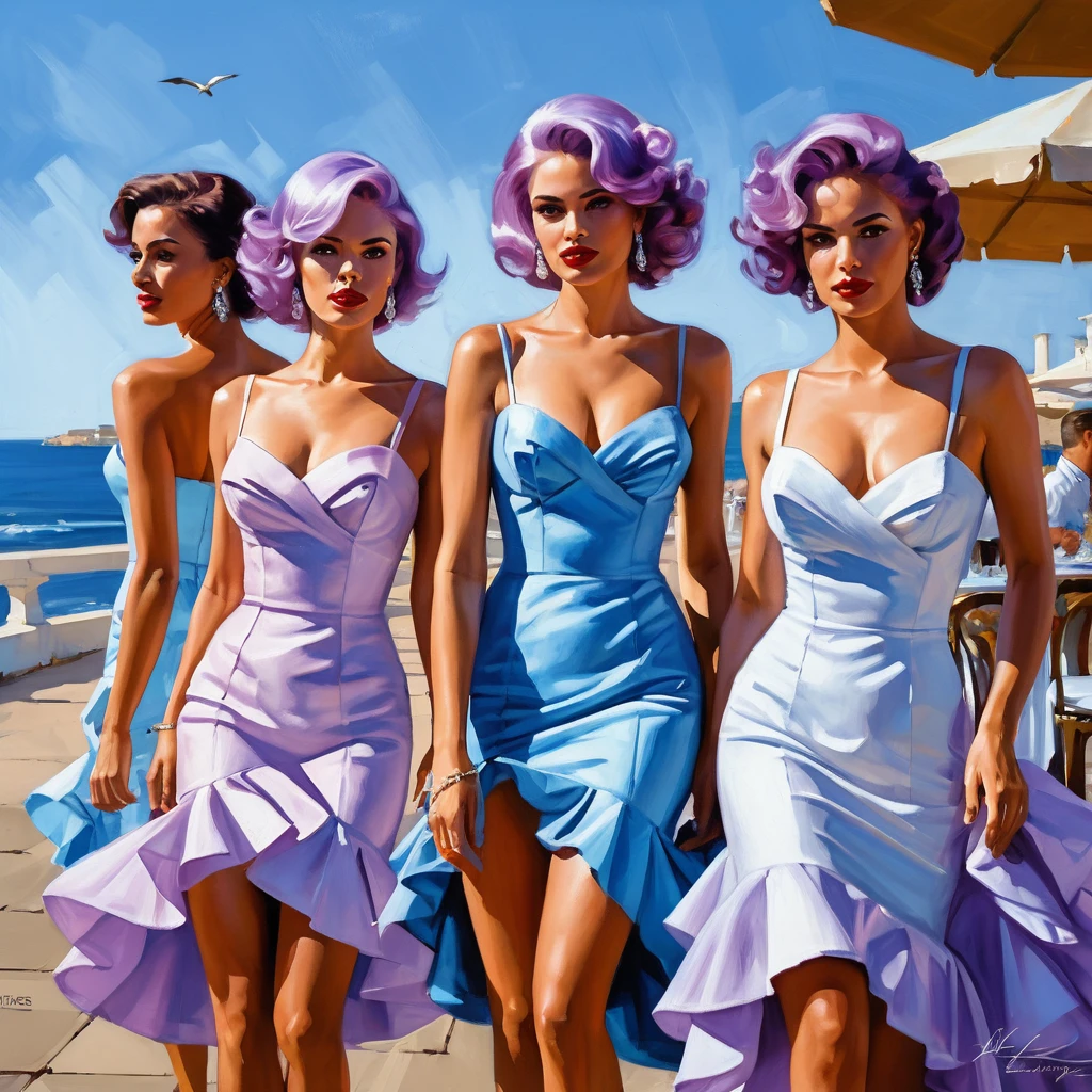 Lilac haired women in blue salsa dresses at seaside restaurant