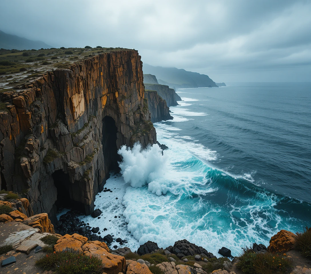 Dramatic sea cliff towering above a wild rocky coastline