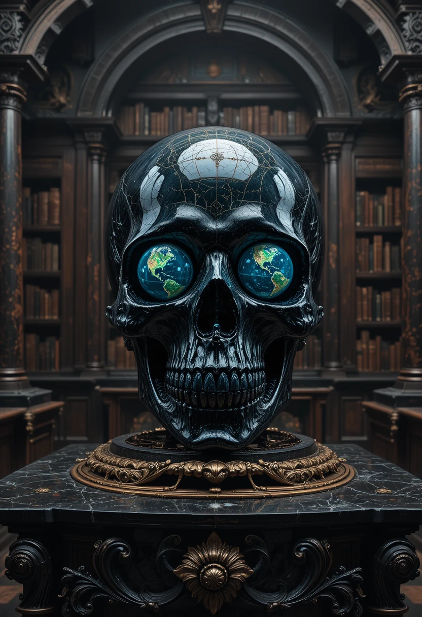 Globo de crânio surreal em altar de obsidiana em antiga biblioteca