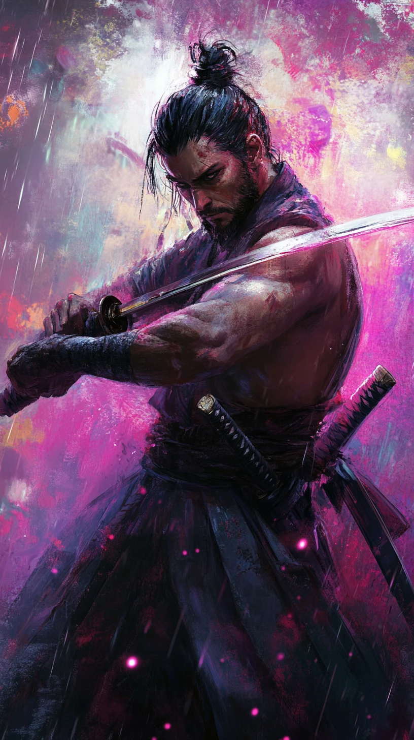 Guerreiro samurai empunhando katana rosa brilhante na chuva