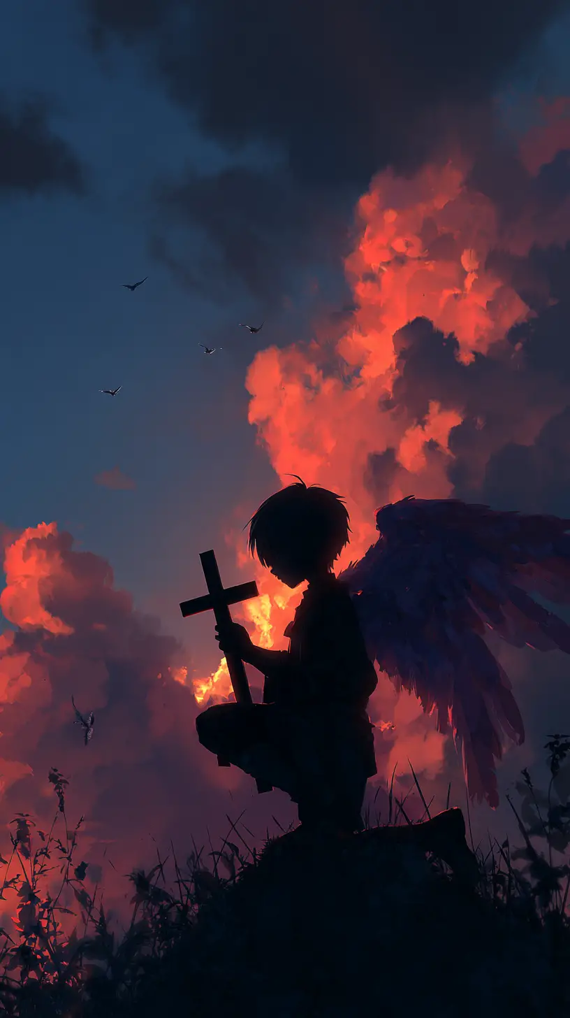 Silhouettierter Engel mit Kreuz vor lebendigem Sonnenuntergangshimmel