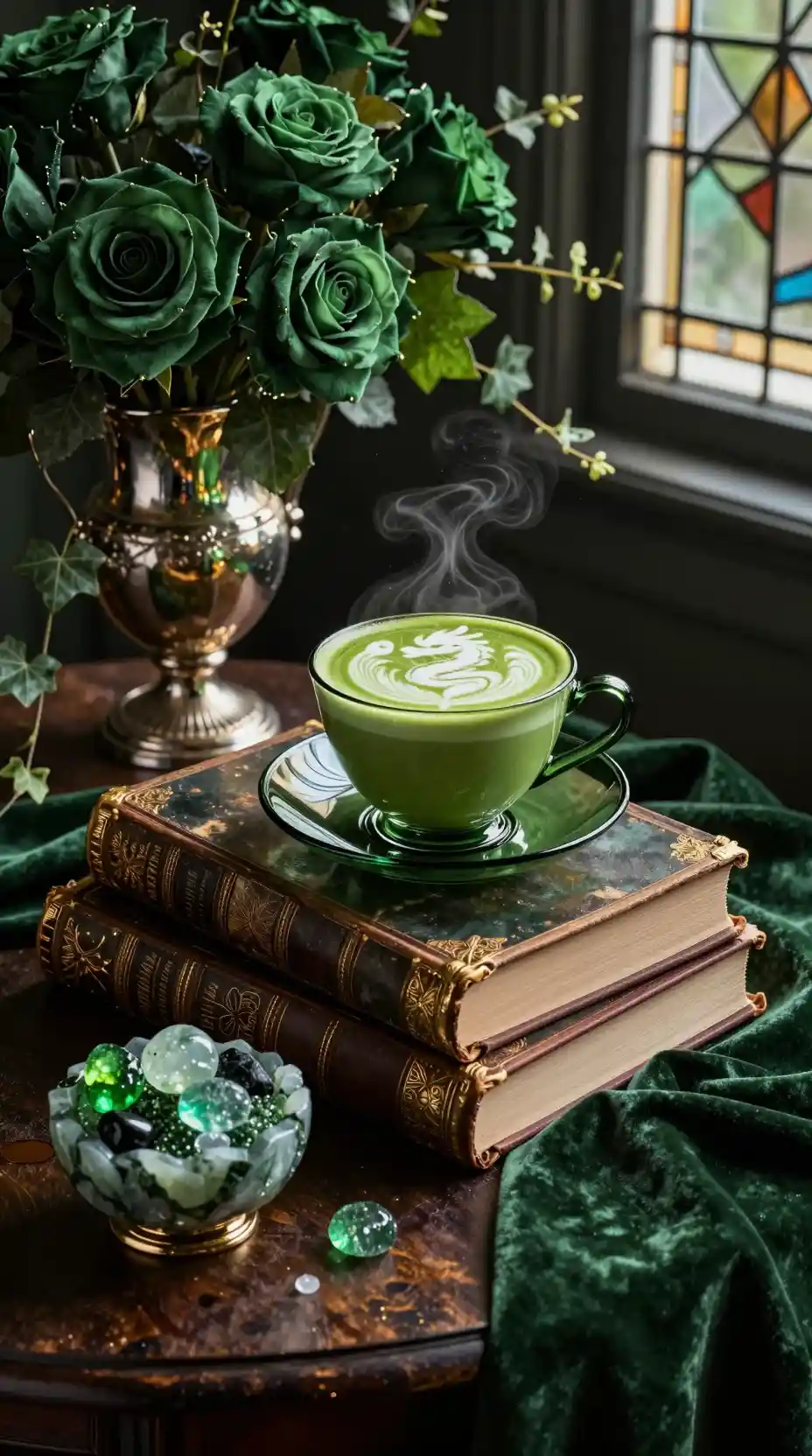 Emerald glass teacup on ancient books in green still life