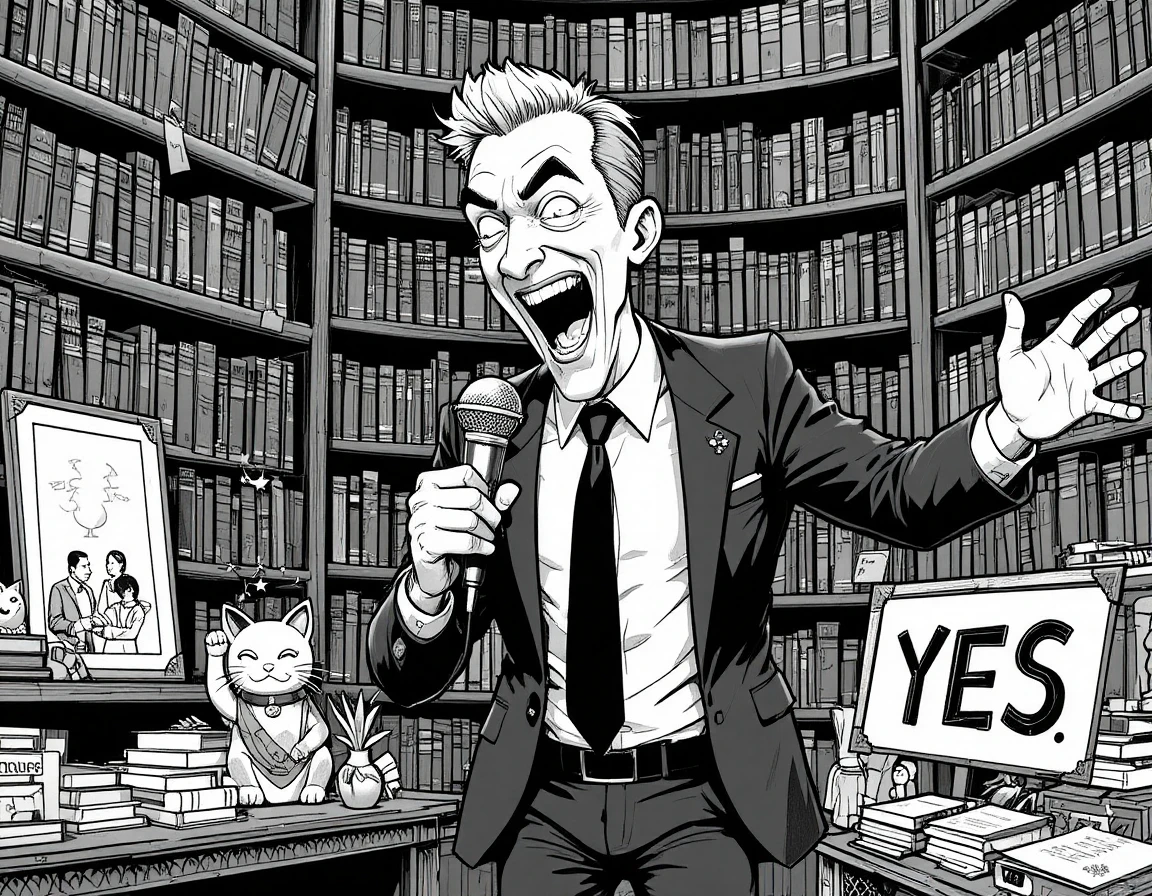Homem gritando em microfone vintage em biblioteca dramática