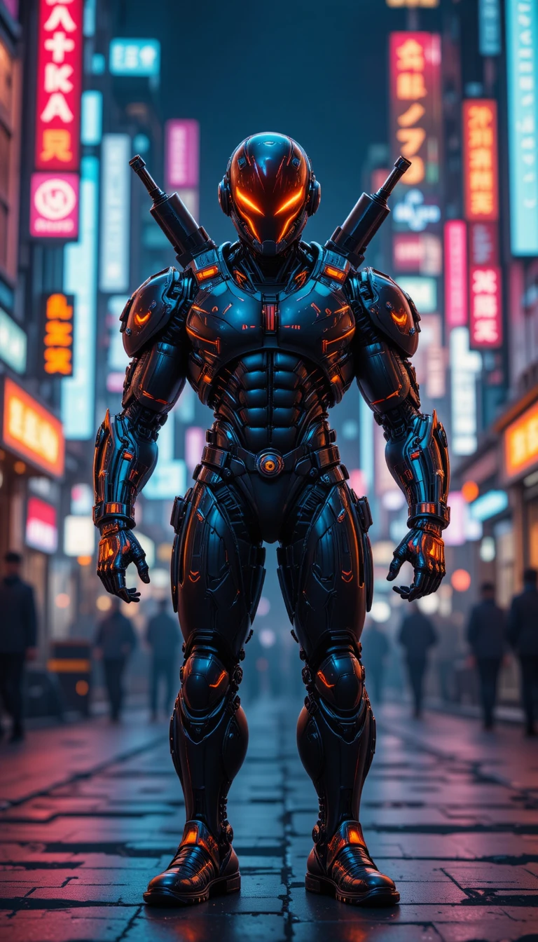 Futuristischer gepanzerter humanoider Roboter in Neonstadt-Straße