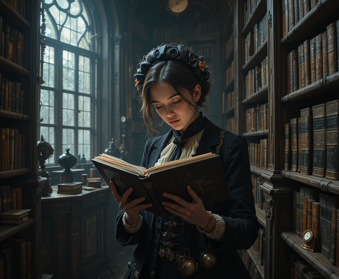 Donna vittoriana solitaria che legge in una cupa biblioteca steampunk