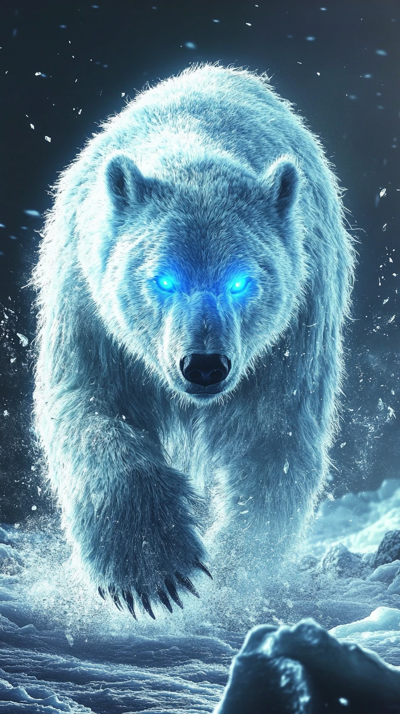 Urso-polar de gelo brilhante caminhando pela neve escura do Ártico