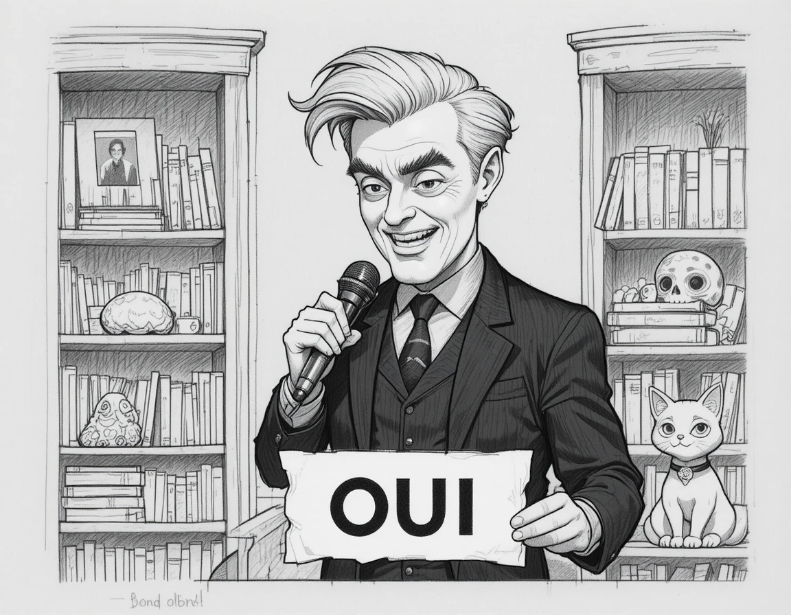 Mann hält eine Rede in einem schwarz-weißen digitalen Cartoon