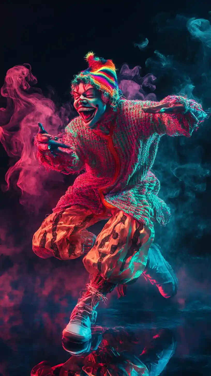 Knitted clown puppet with neon magic and reflections