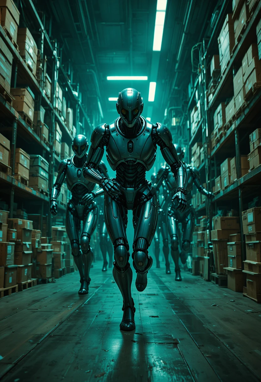 Robots humanoides corriendo por un oscuro almacén futurista