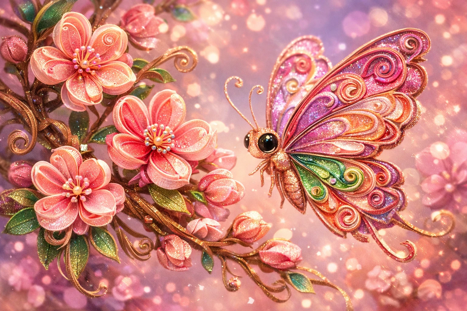 Whimsical Paper Quilling Butterfly By Cherry Blossom Flowers