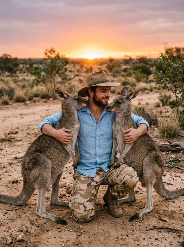 Man kneeling between kangaroos at sunset in the outback