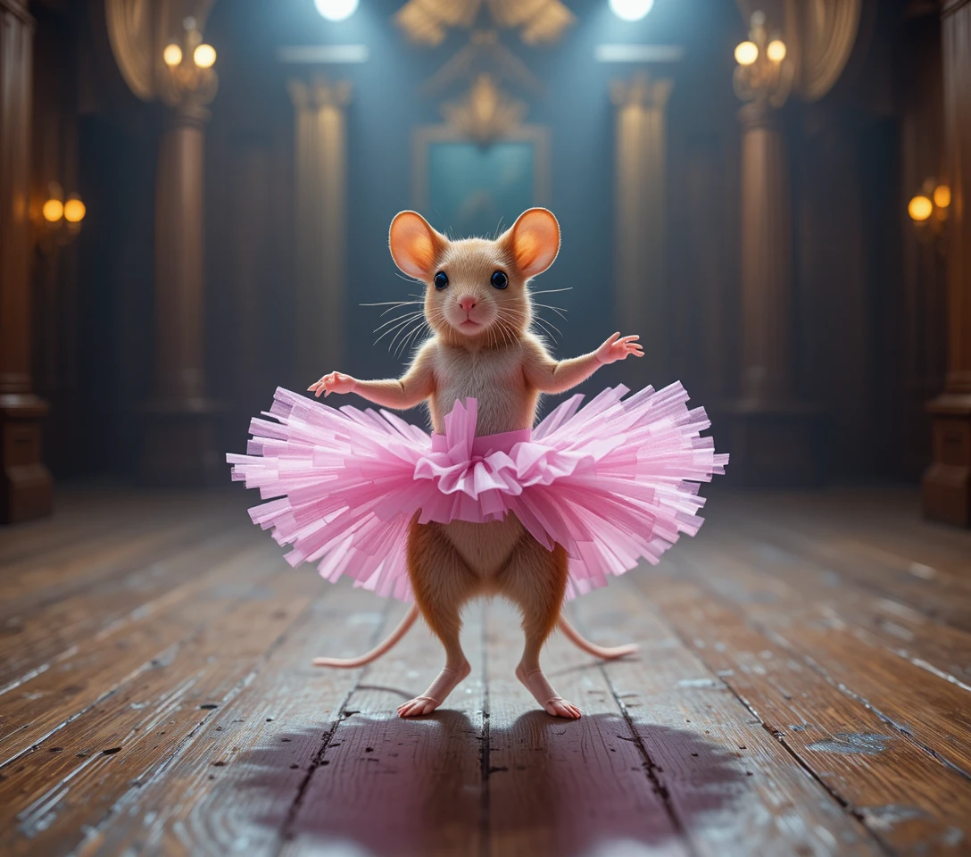 Rata de balé fofa dançando em um palco de teatro de madeira