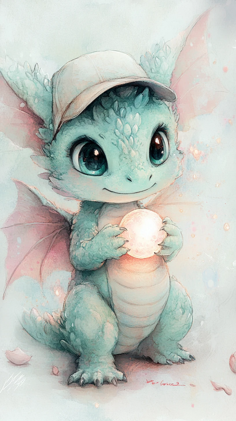 Süßer Babydrache mit leuchtendem Bauch in pastellfarbener Aquarelloptik