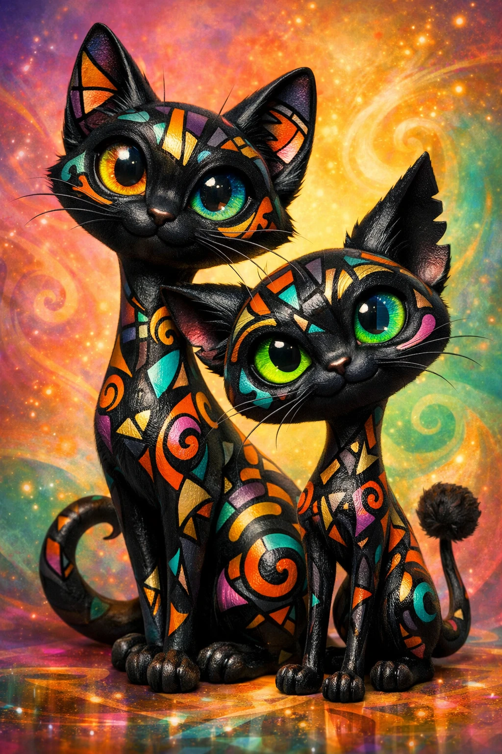 Gatos pretos 3D bem-humorados com pelagem em padrão cubista