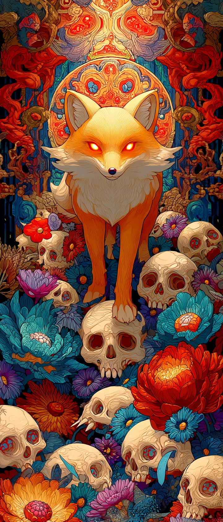 Esprit de renard mystique façon anime sortant d’un portail crâne fleuri