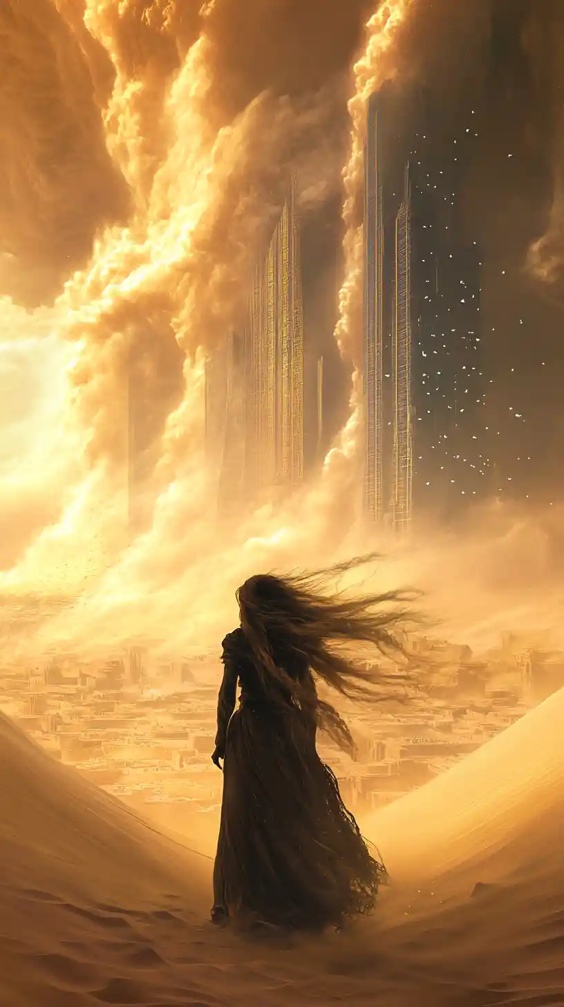 Desert woman holding baby before city and rising dust cloud
