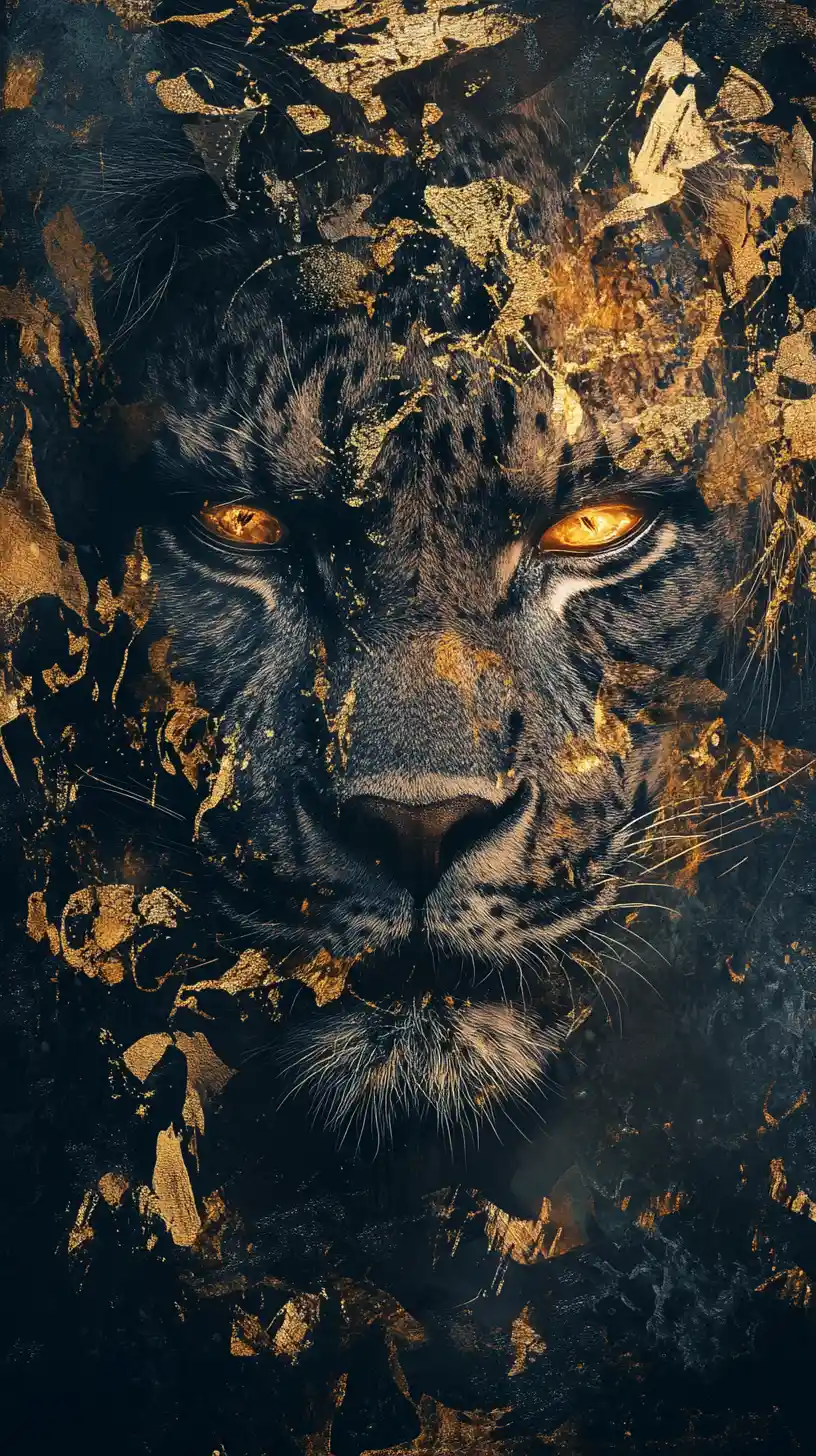 Surreal portrait with glowing eyes and golden ornament