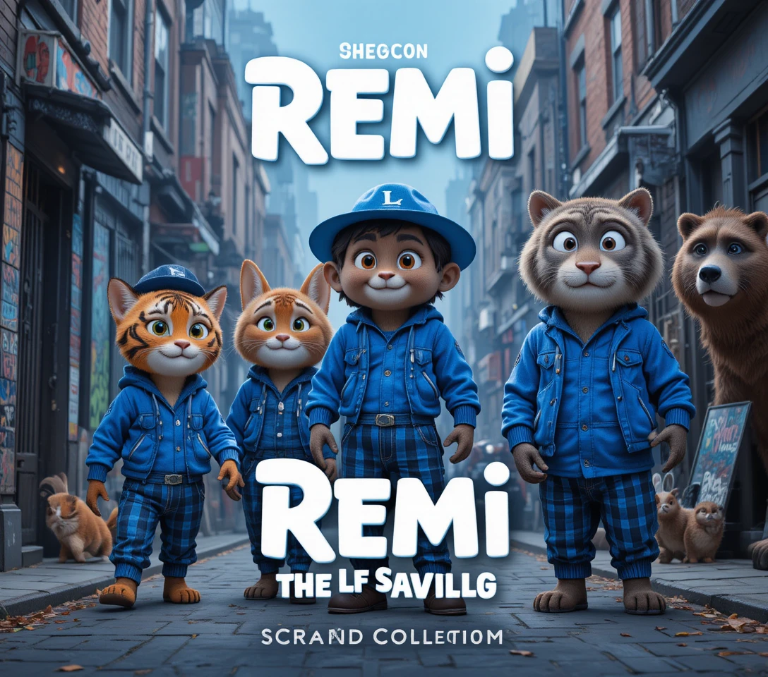 Animali dei cartoni animati antropomorfi su un poster cinematografico urbano blu