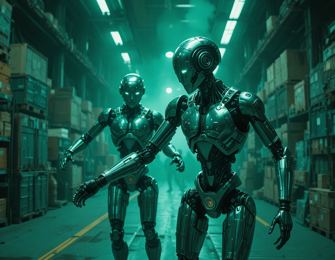 Humanoide Roboter in einem grün beleuchteten futuristischen Industrie­lagerhaus