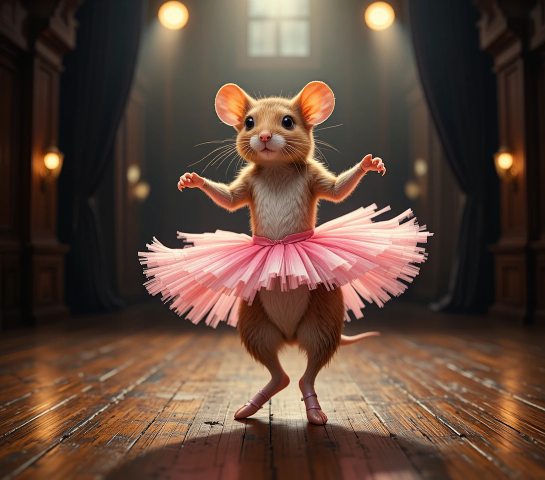 Pequeno rato bailarina dançando em um palco de teatro de madeira