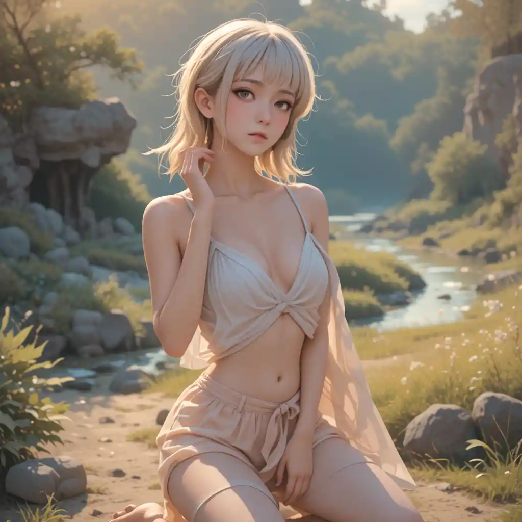 Kneeling blonde anime woman by a dreamy riverside at dusk