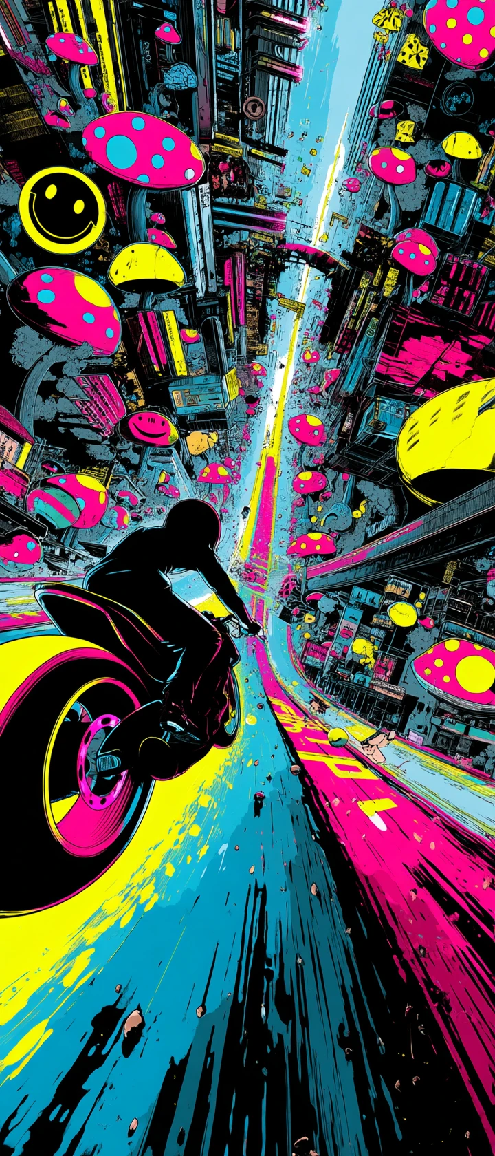 Corredor de rua em estilo anime em moto neon na cidade de cogumelos sorridentes