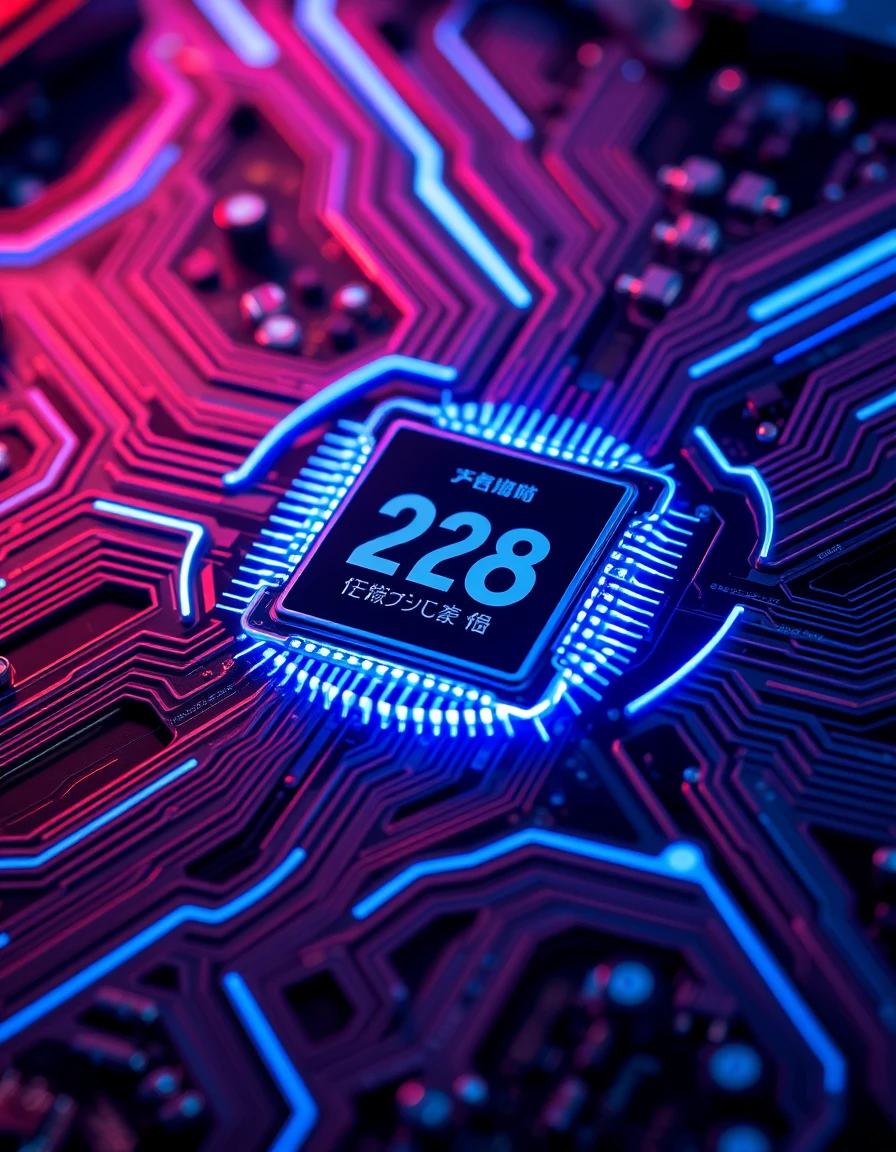 Macro primo piano futuristico di circuito stampato illuminato al neon