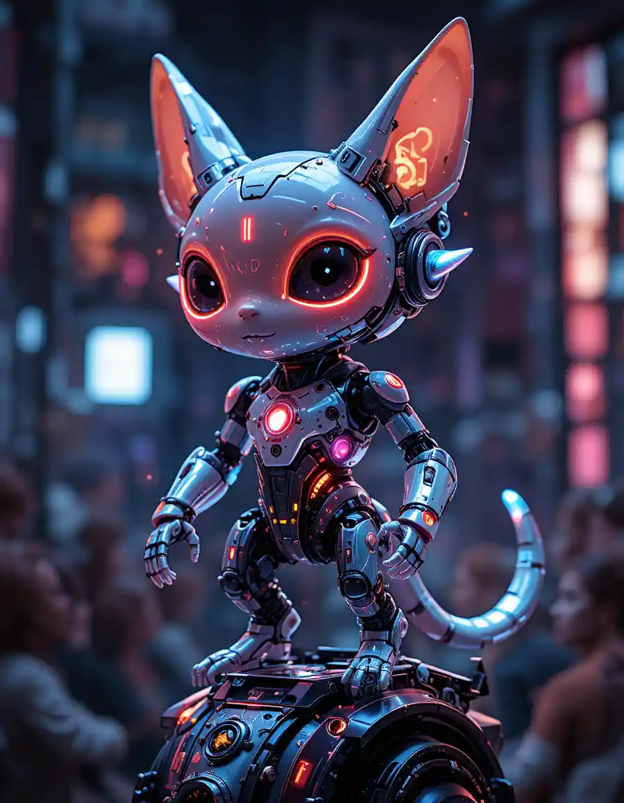 Creatura robotica futuristica al neon con occhi luminosi