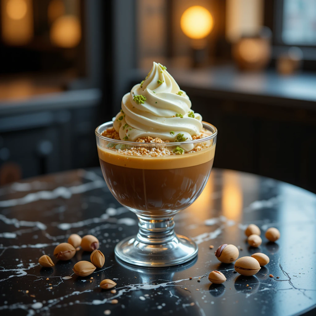 Sobremesa elegante de espresso com gelato de pistache em taça de vidro