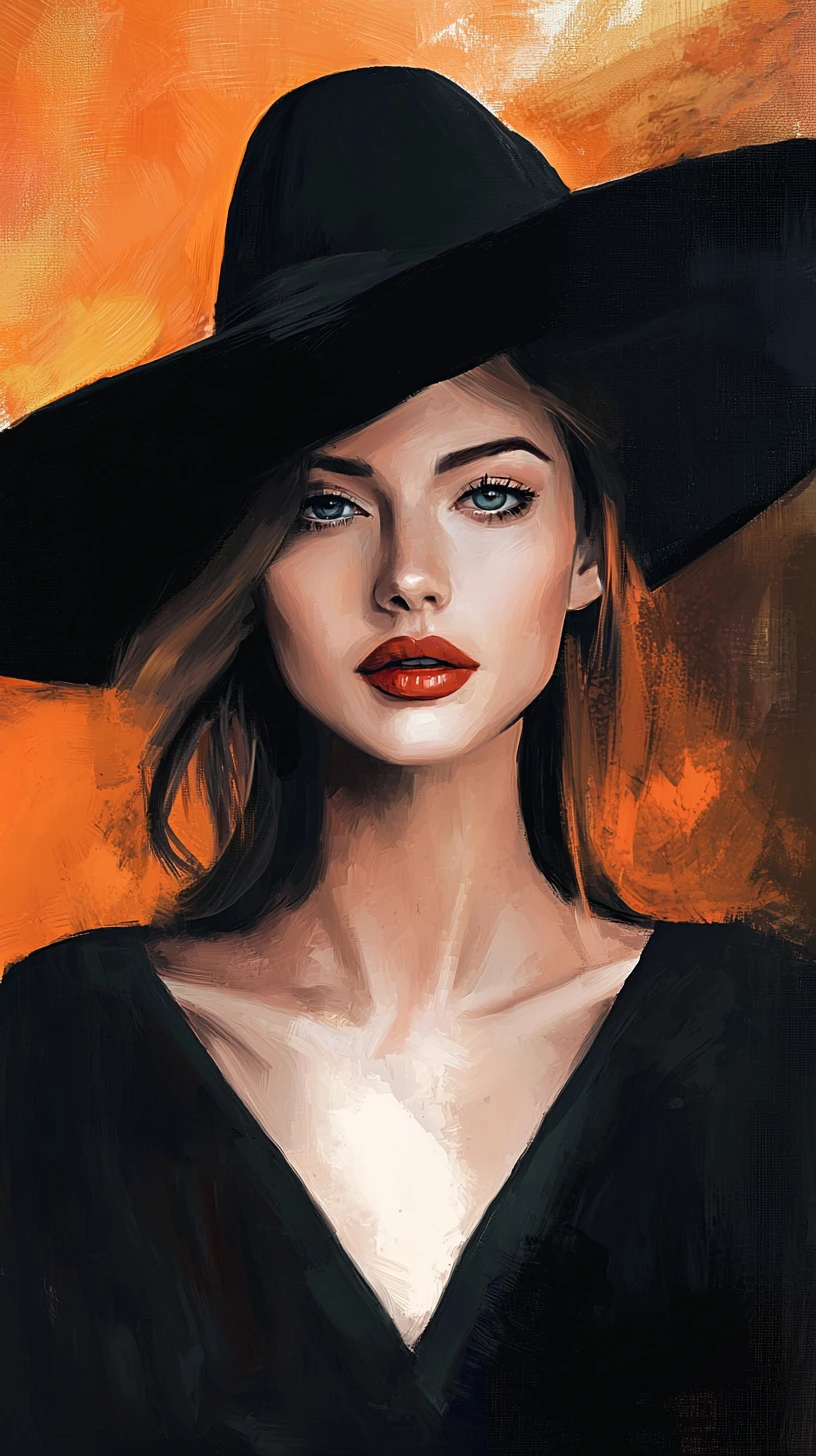 Elegant woman in wide brim hat with glowing blue eyes