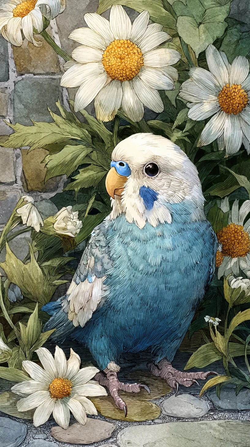 Pássaro azul e branco entre margaridas em caminho de paralelepípedos
