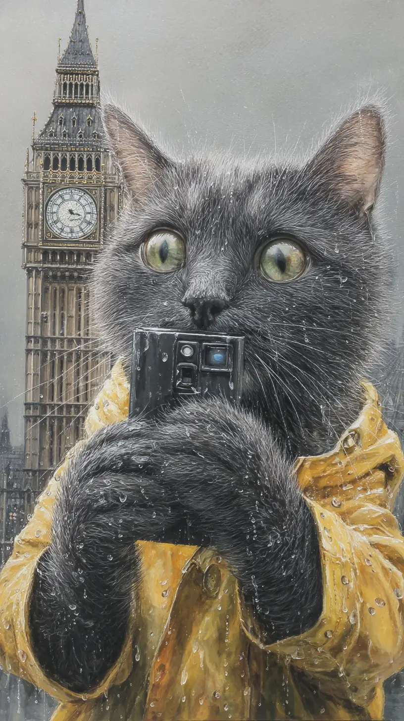 Chat gris faisant un selfie près de Big Ben sous la pluie