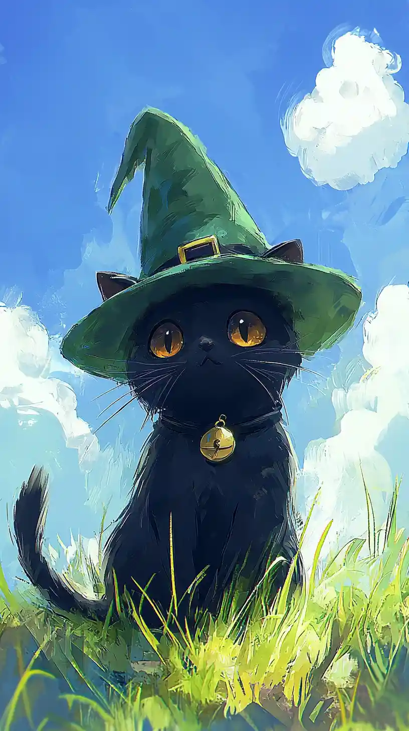 Cute black cat in witch hat in green grass field