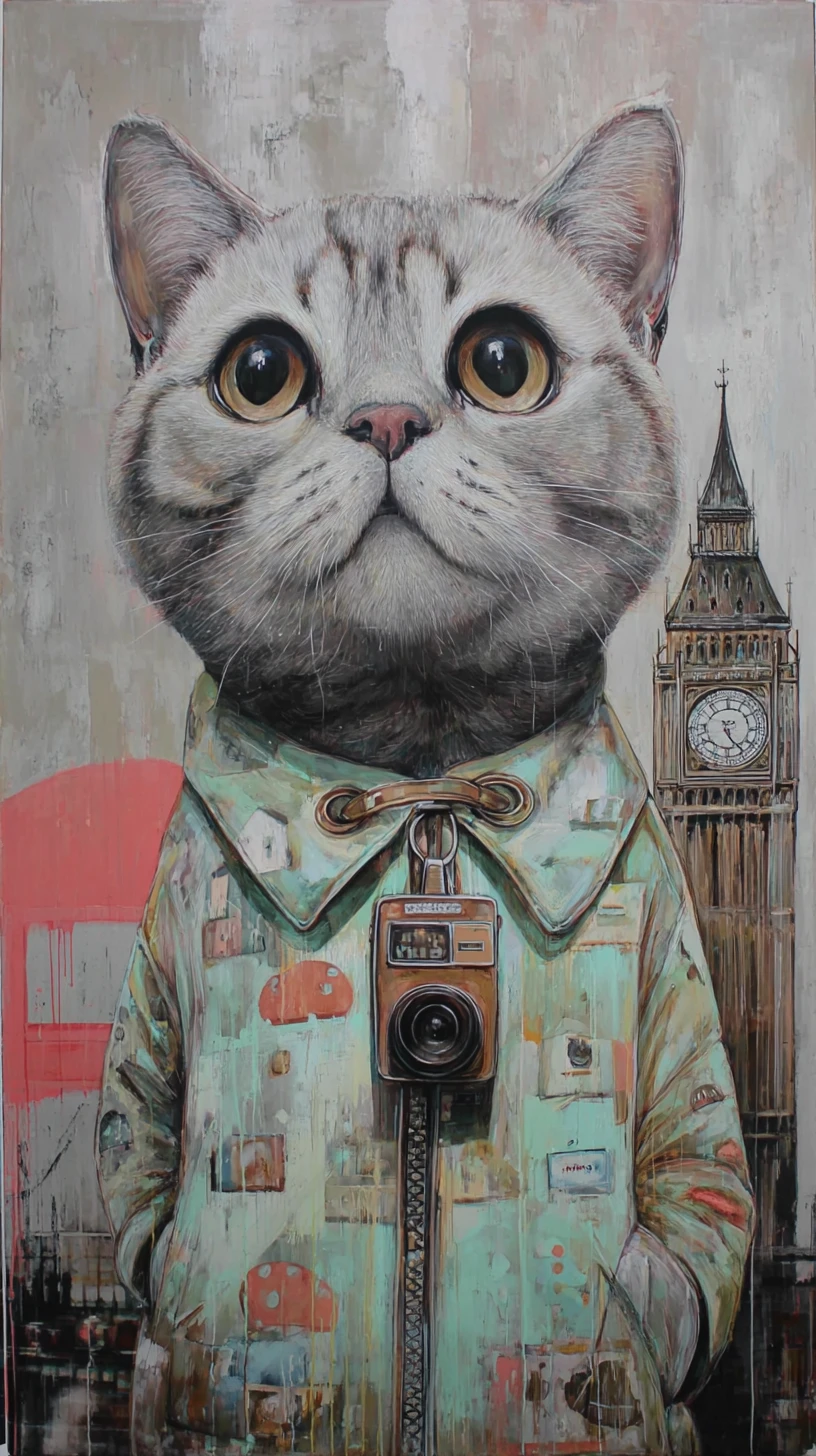 Gato cinza tirando selfie ao lado do Big Ben na chuva