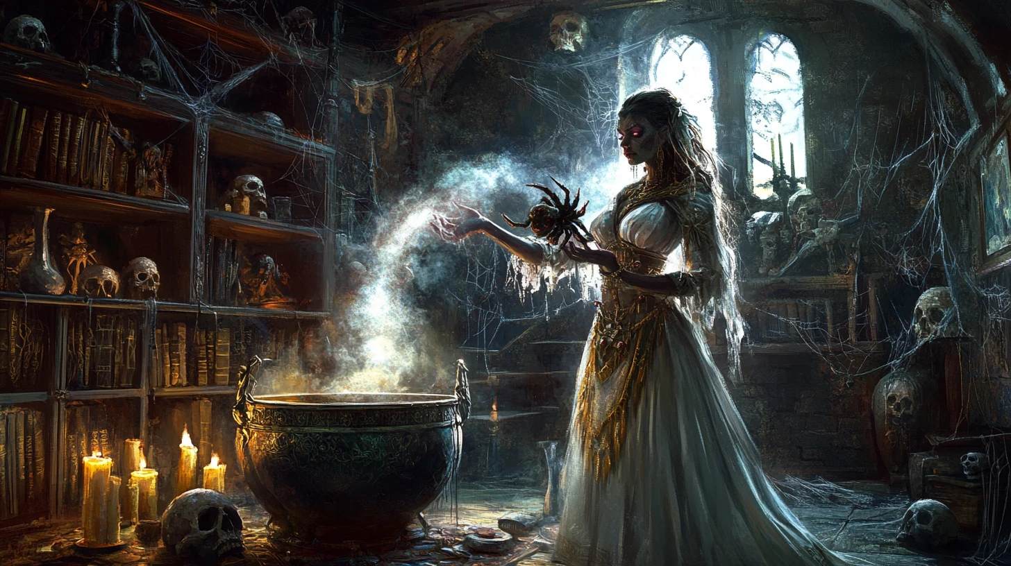 Ancient sorceress summoning magic beside a smoking cauldron