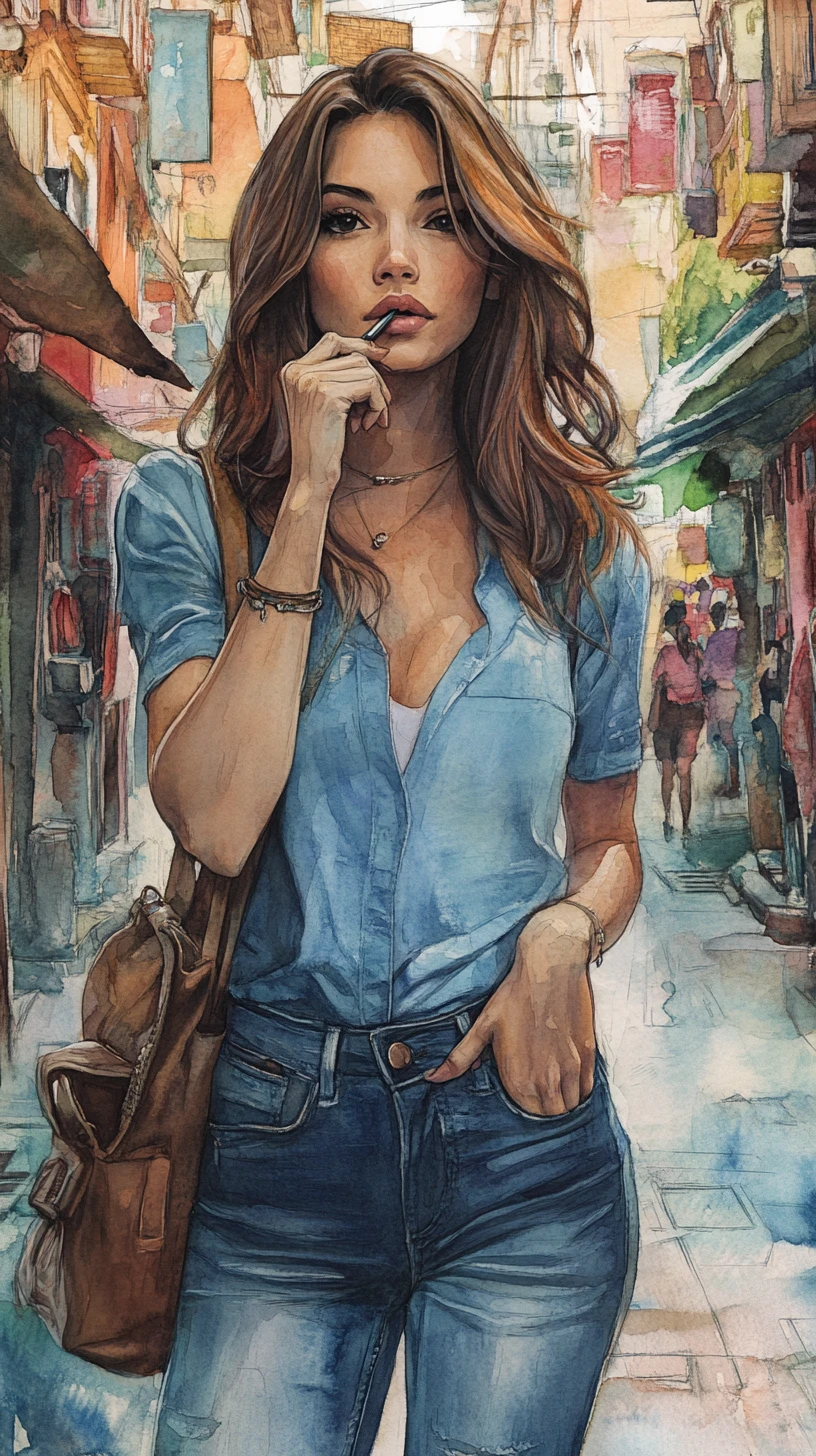 Mulher de camisa azul pensando em uma rua movimentada da cidade