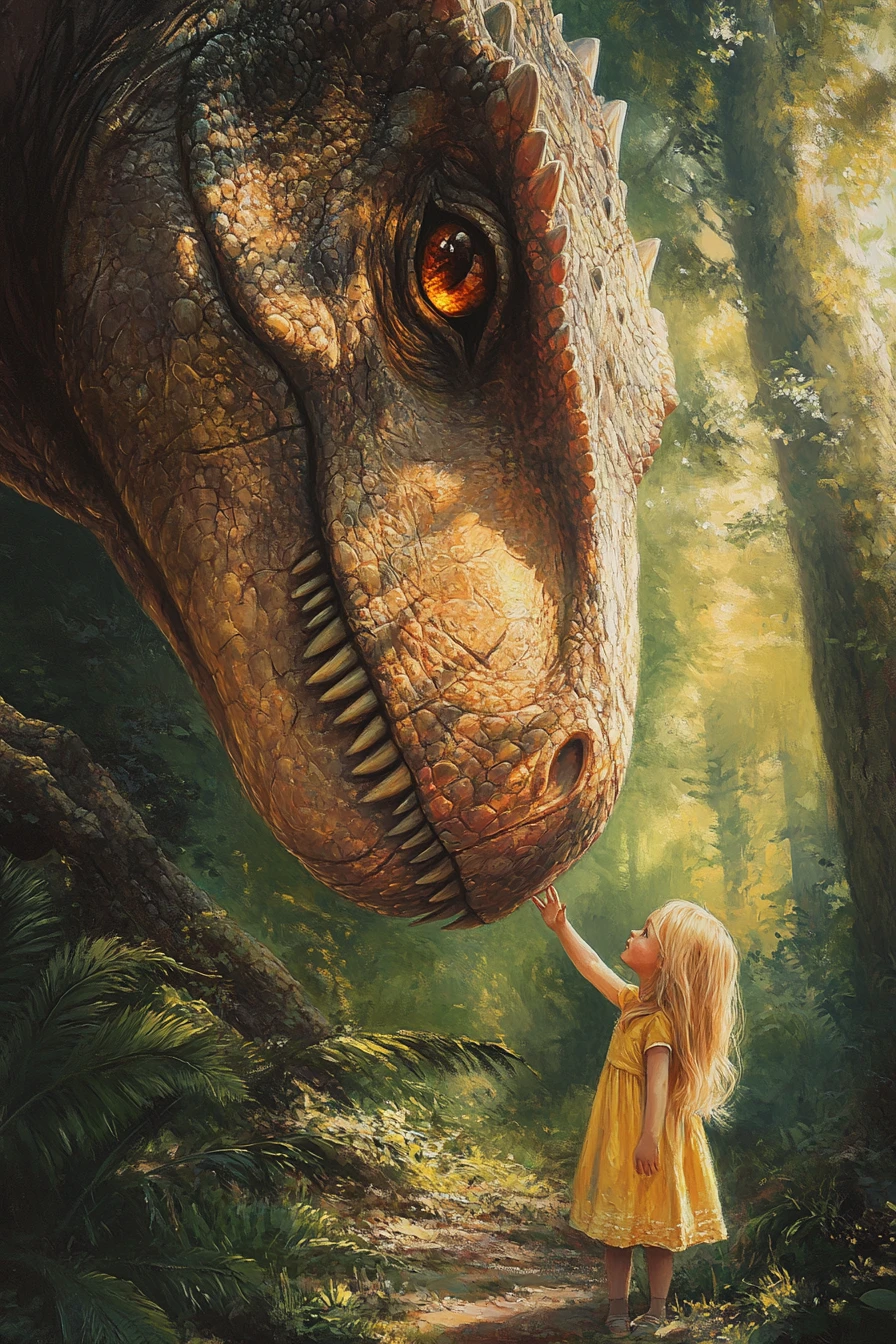Junges Mädchen berührt einen T-Rex im sonnenbeschienenen Wald