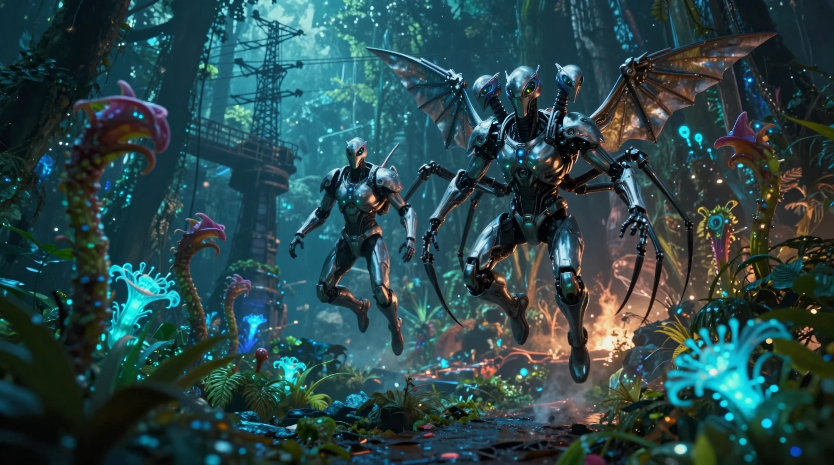 Armored figures leaping into a glowing jungle night