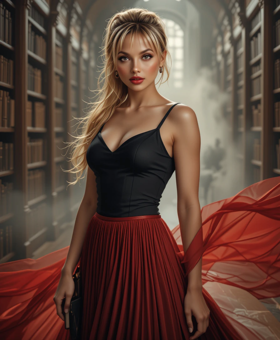 Mulher loira elegante de saia vermelha em cena cinematográfica na biblioteca