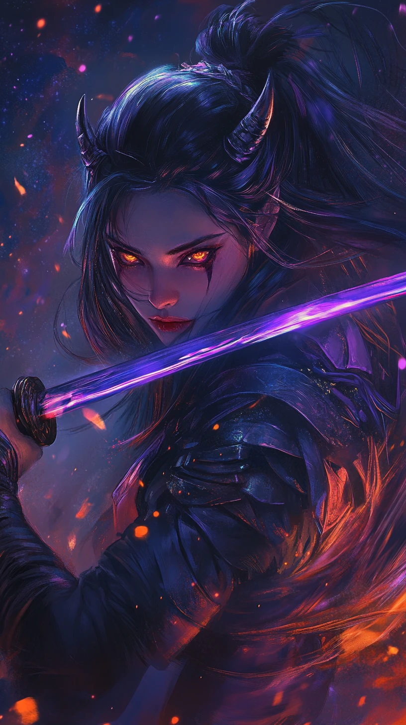 Guerrière démoniaque fondant avec un katana lumineux