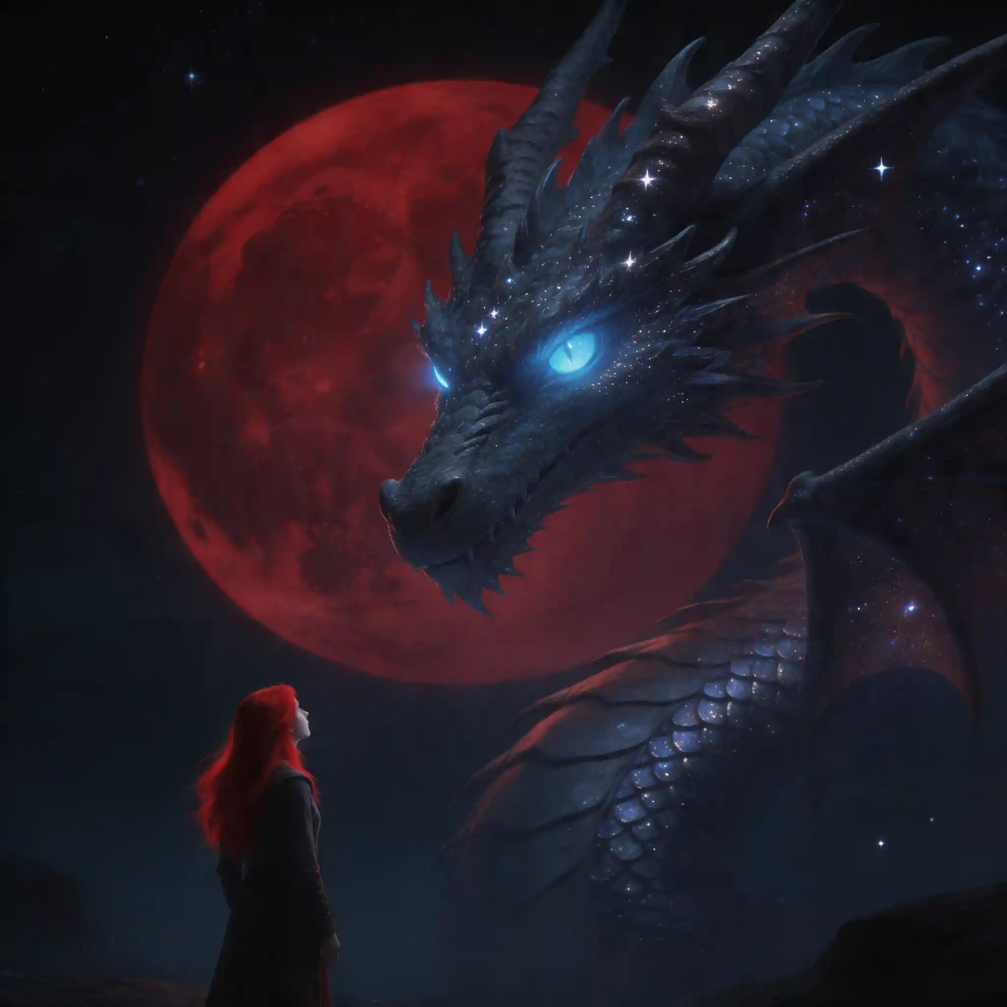 Figura solitaria davanti a un drago etereo sotto la luna di sangue