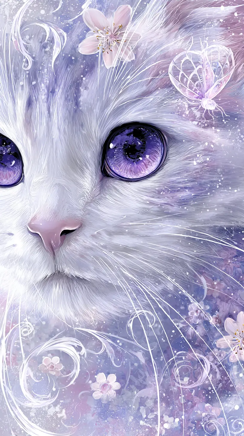 Whimsical nekomata close up with violet eyes and blossoms