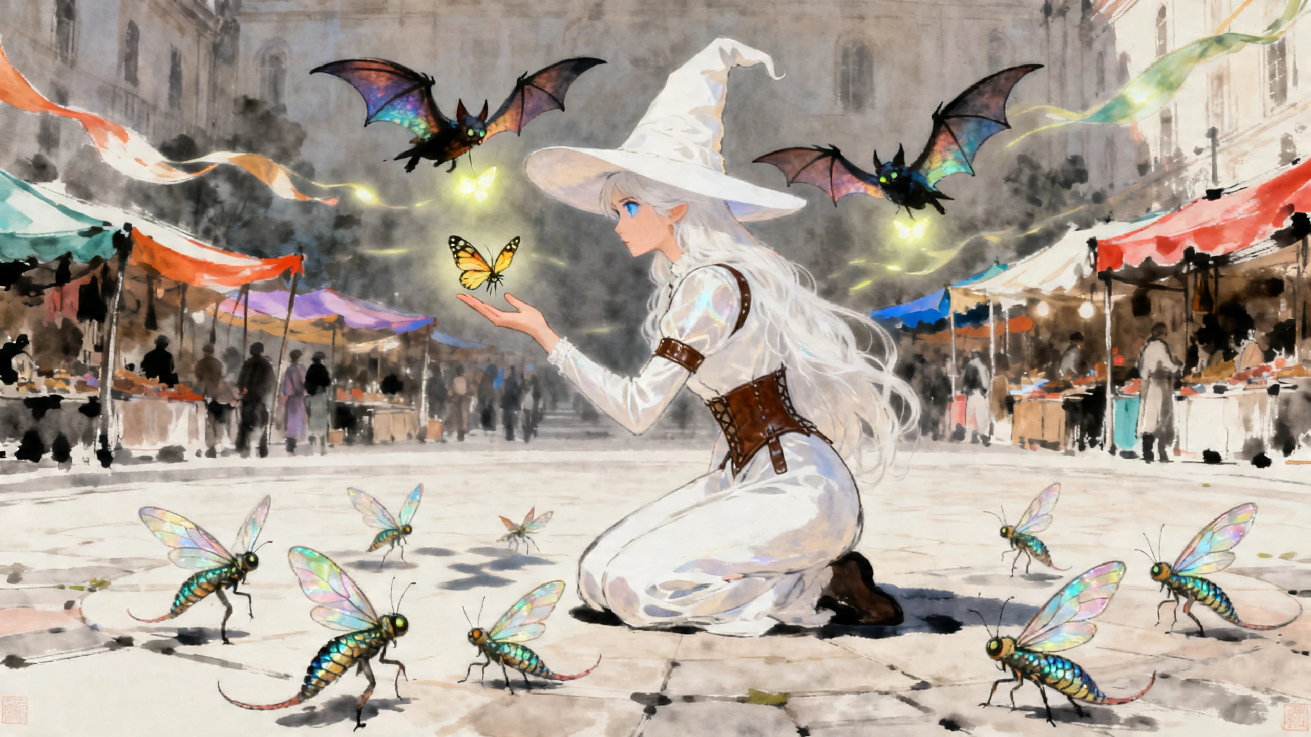 White witch wandering through a bustling magical market