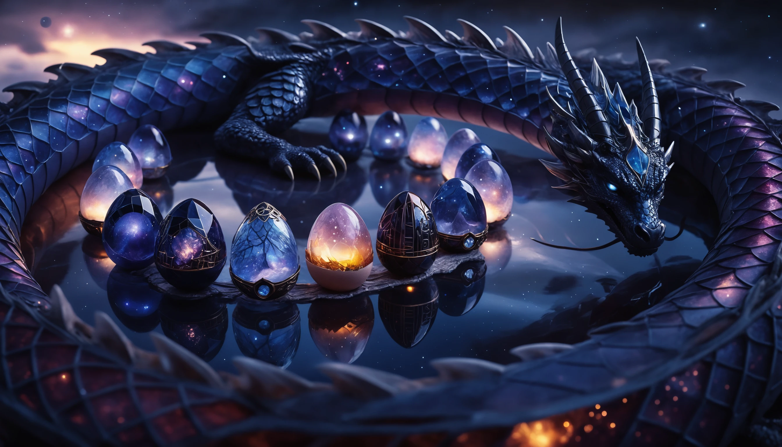 Cosmic crystal dragon god guarding a ring of multiverse eggs