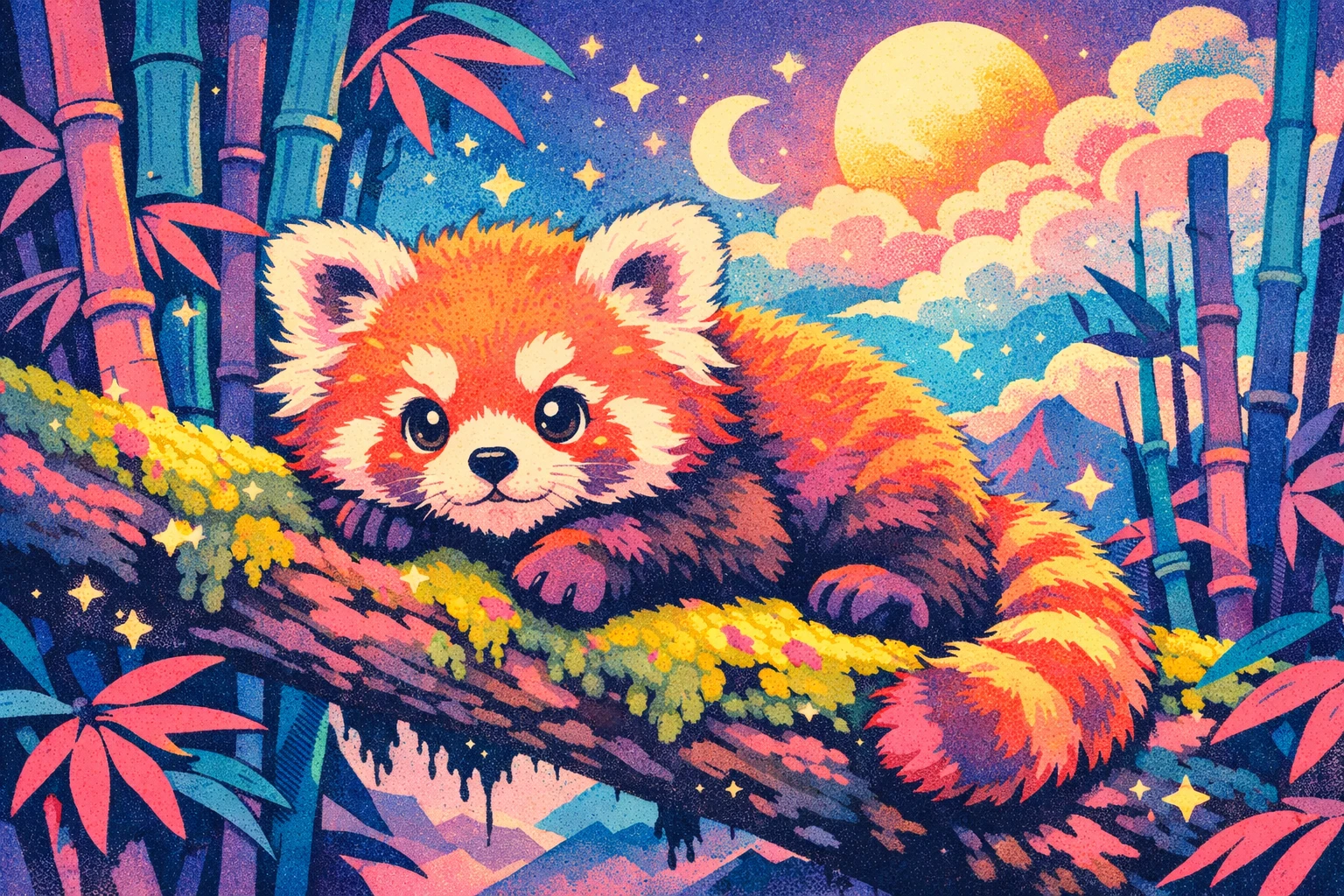 Cucciolo curioso di panda rosso che riposa su un ramo muschioso