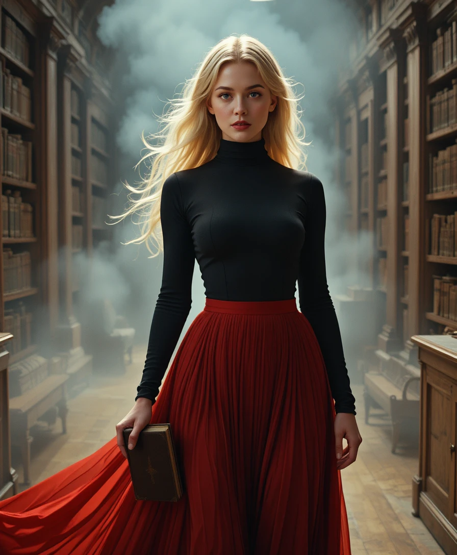 Elegante donna bionda con gonna rossa in piedi in biblioteca