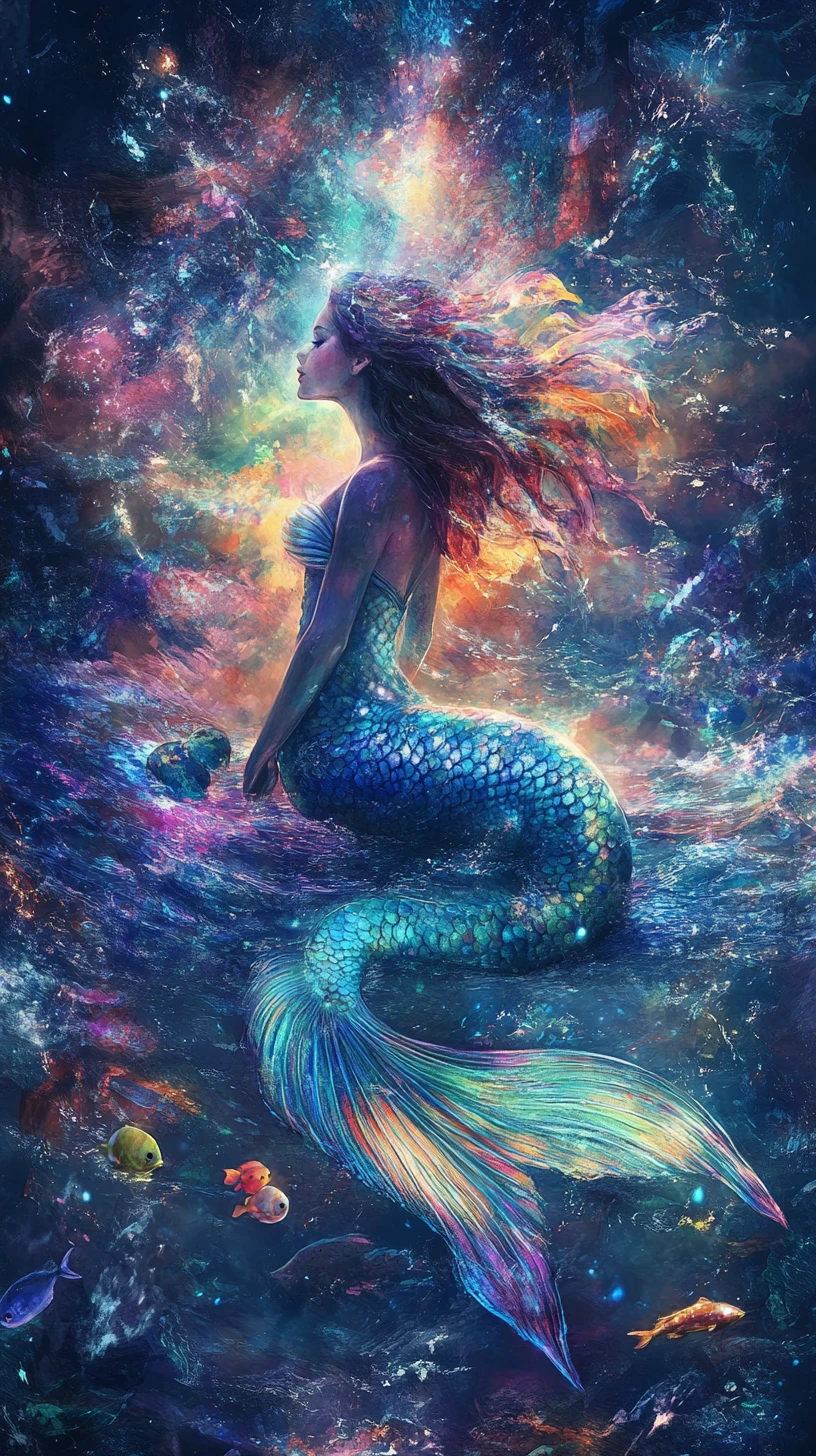 Sirenetta serena dagli occhi luminosi in un oceano misterioso
